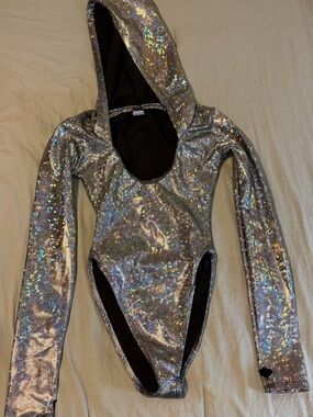 J. Valentine Holographic Metallic Silver Hooded Bodysuit for Rave, Festivals